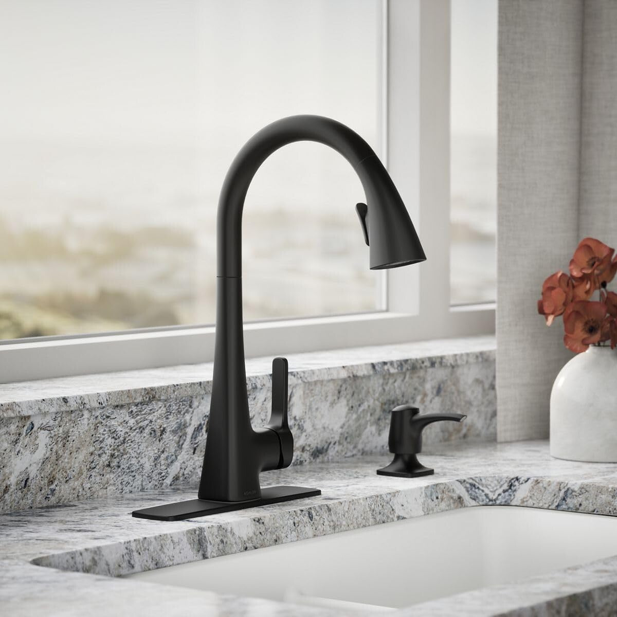 Dual Function Matte Black Kitchen Faucet with Soap Dispenser & Secure Docking