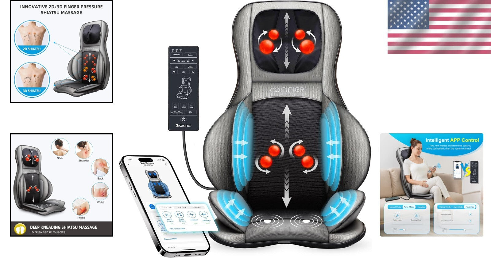 Adjustable Neck Rollers & Compression - Shiatsu Massage Chair Pad for Full Body