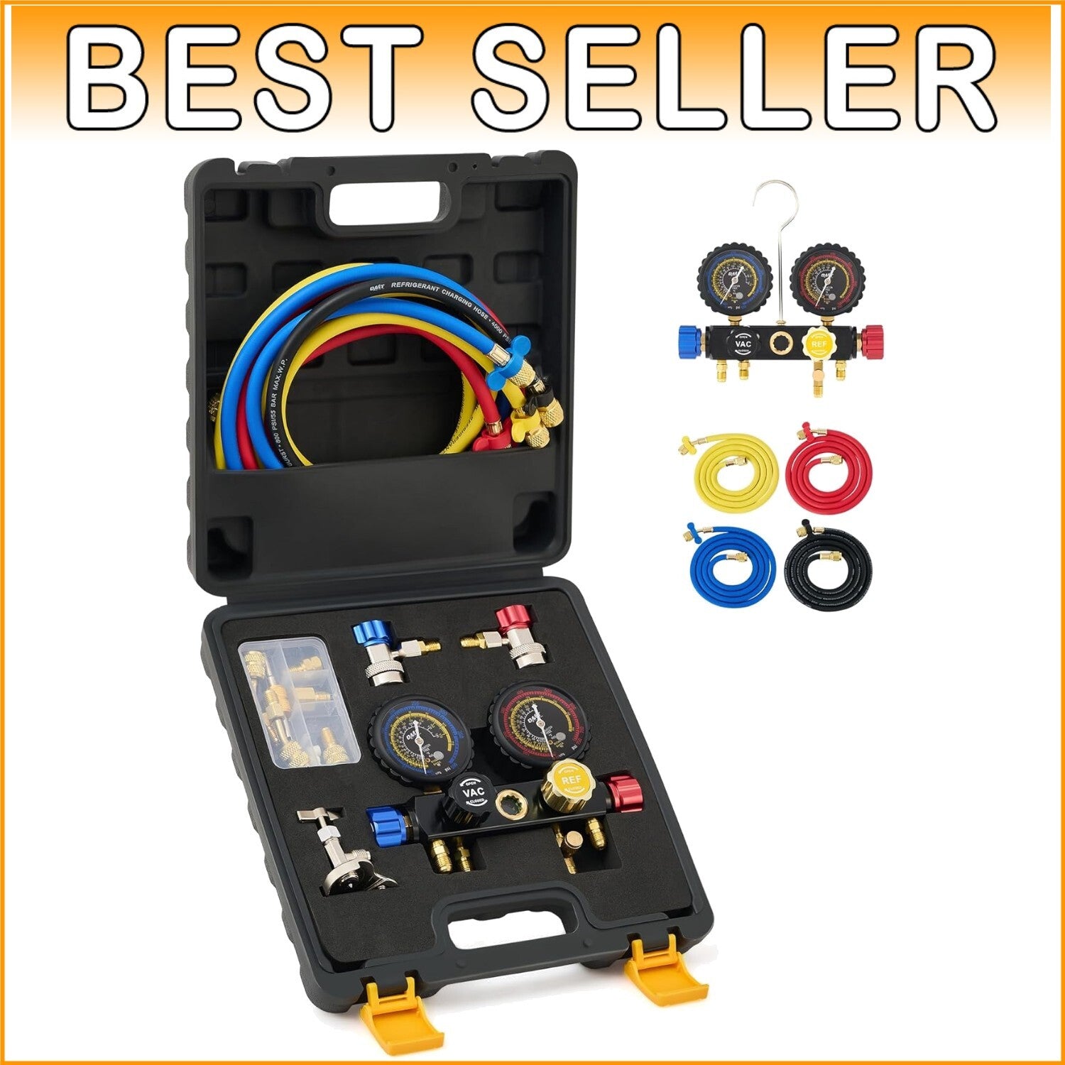 Professional AC Gauge Set: Color-Coded Hoses, Quick Couplers, Moisture Indicator