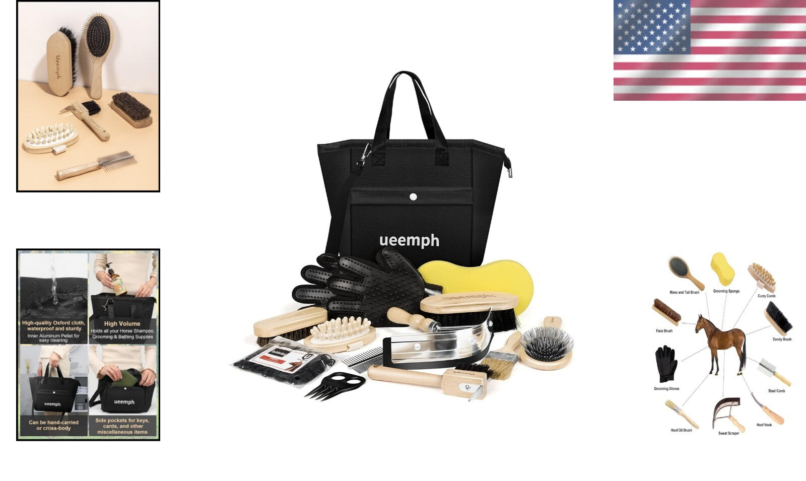 Durable Horse Grooming Set with Brushes, Gloves & Storage Tote - Black Edition