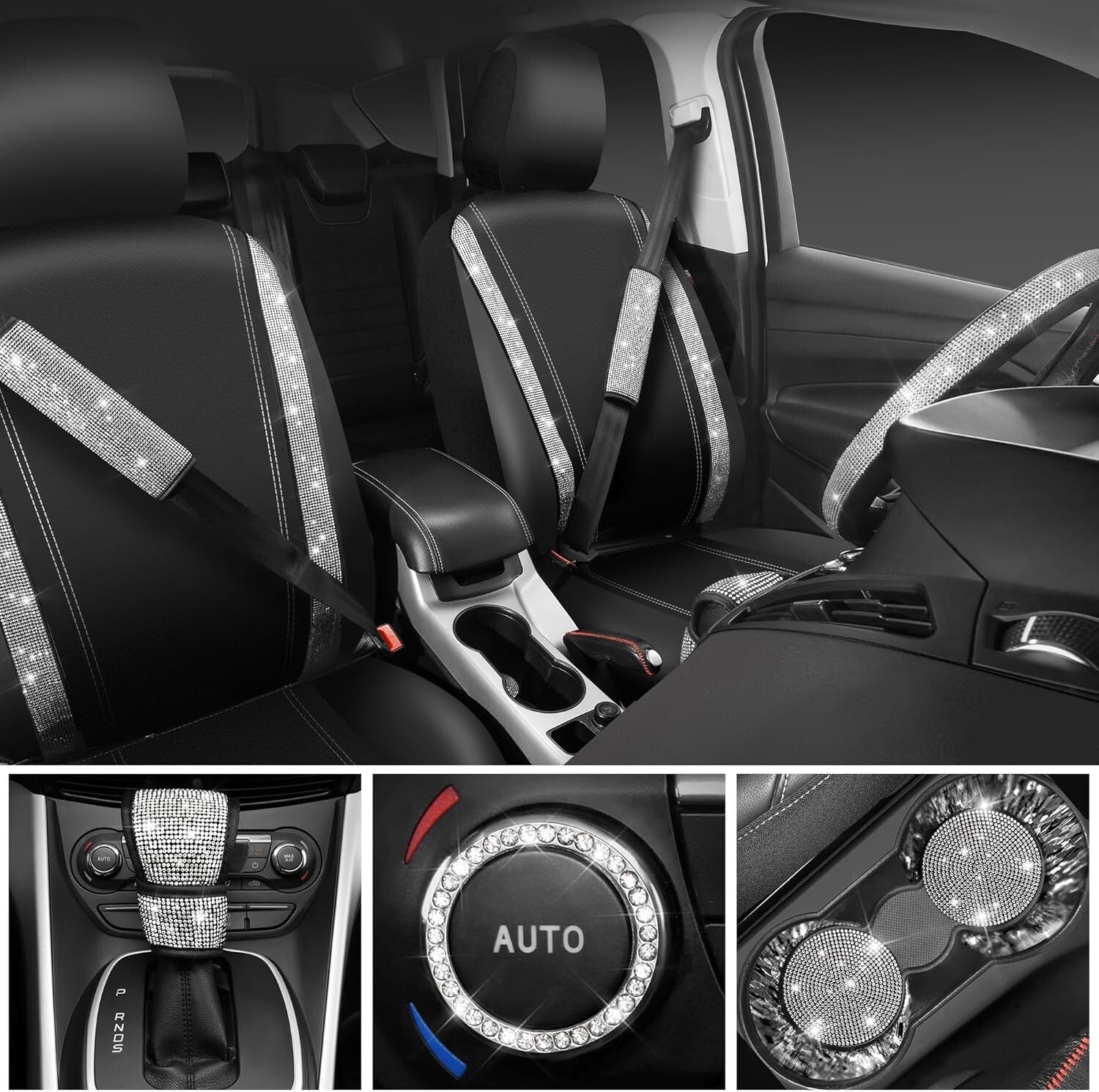 Gorgeous Leather Diamond Seat Covers & Sparkly Steering Wheel Set for Women