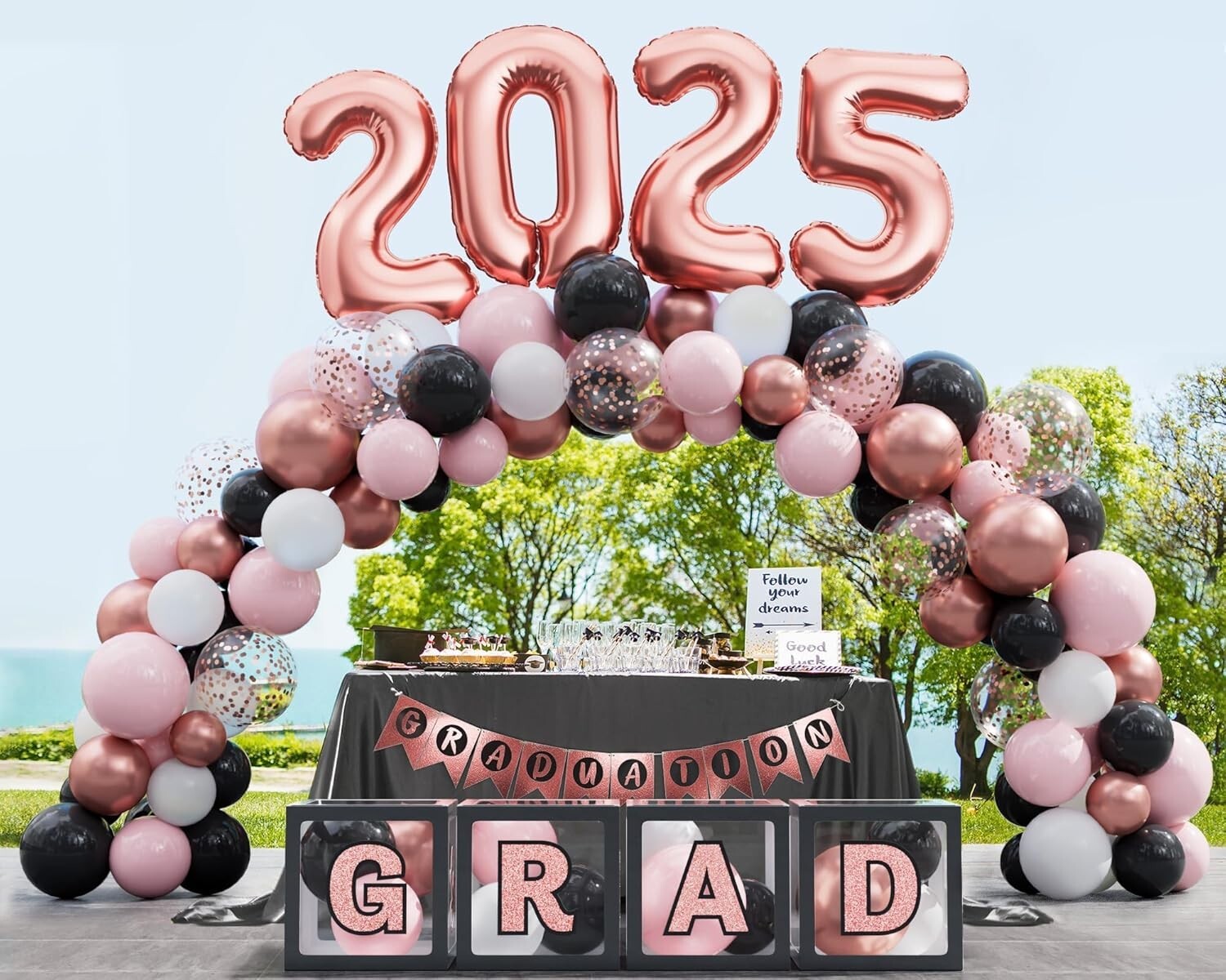Class of 2025 Black Pink Graduation Decor Set - 86Pcs with LED Lights & Balloons