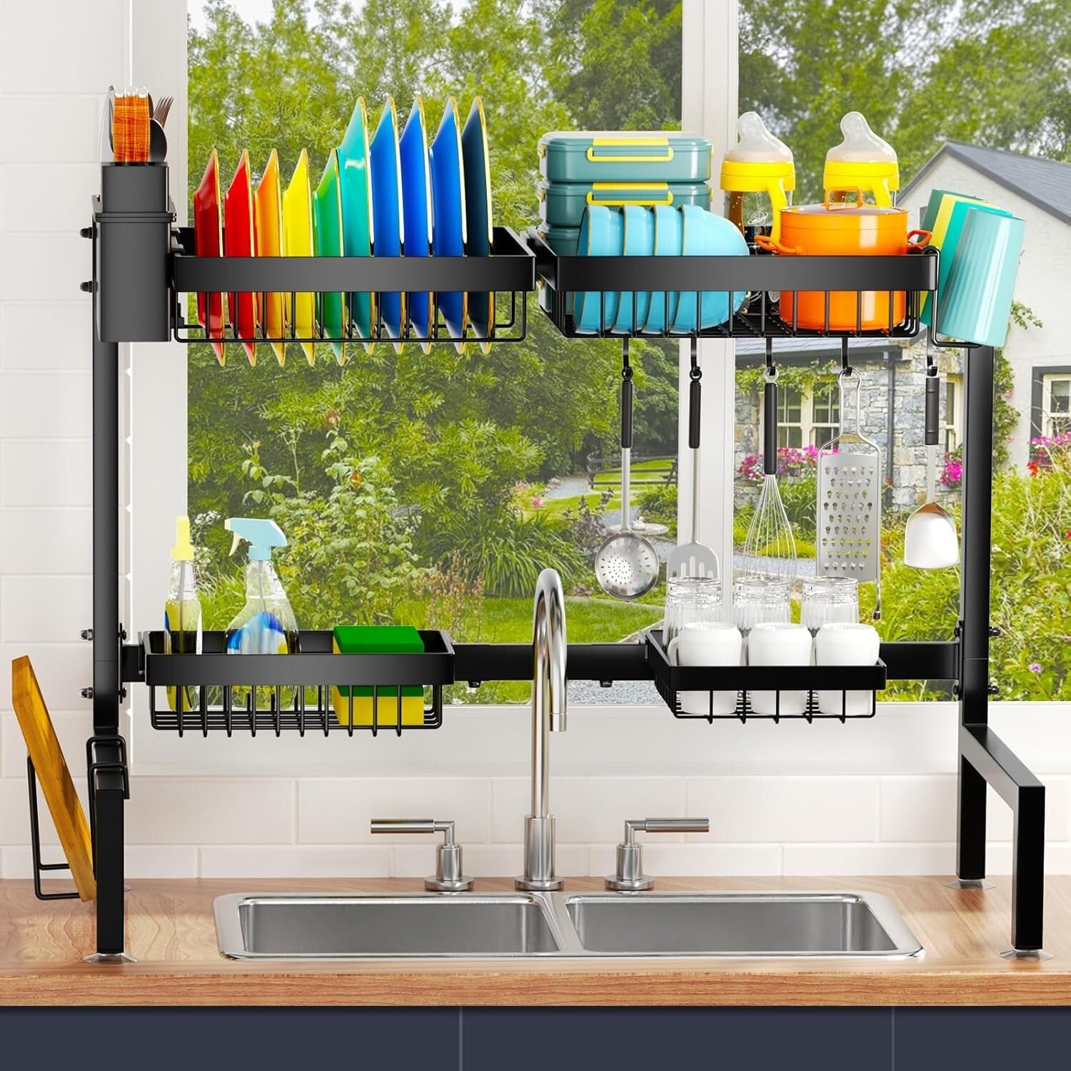 4-Basket Sink Drying Rack - Adjustable 2-Tier Organizer for Kitchen Efficiency