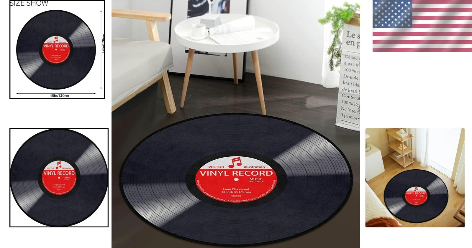 Stylish Solid Music Record Round Rug - 4' Memory Foam Carpet for Home Decor