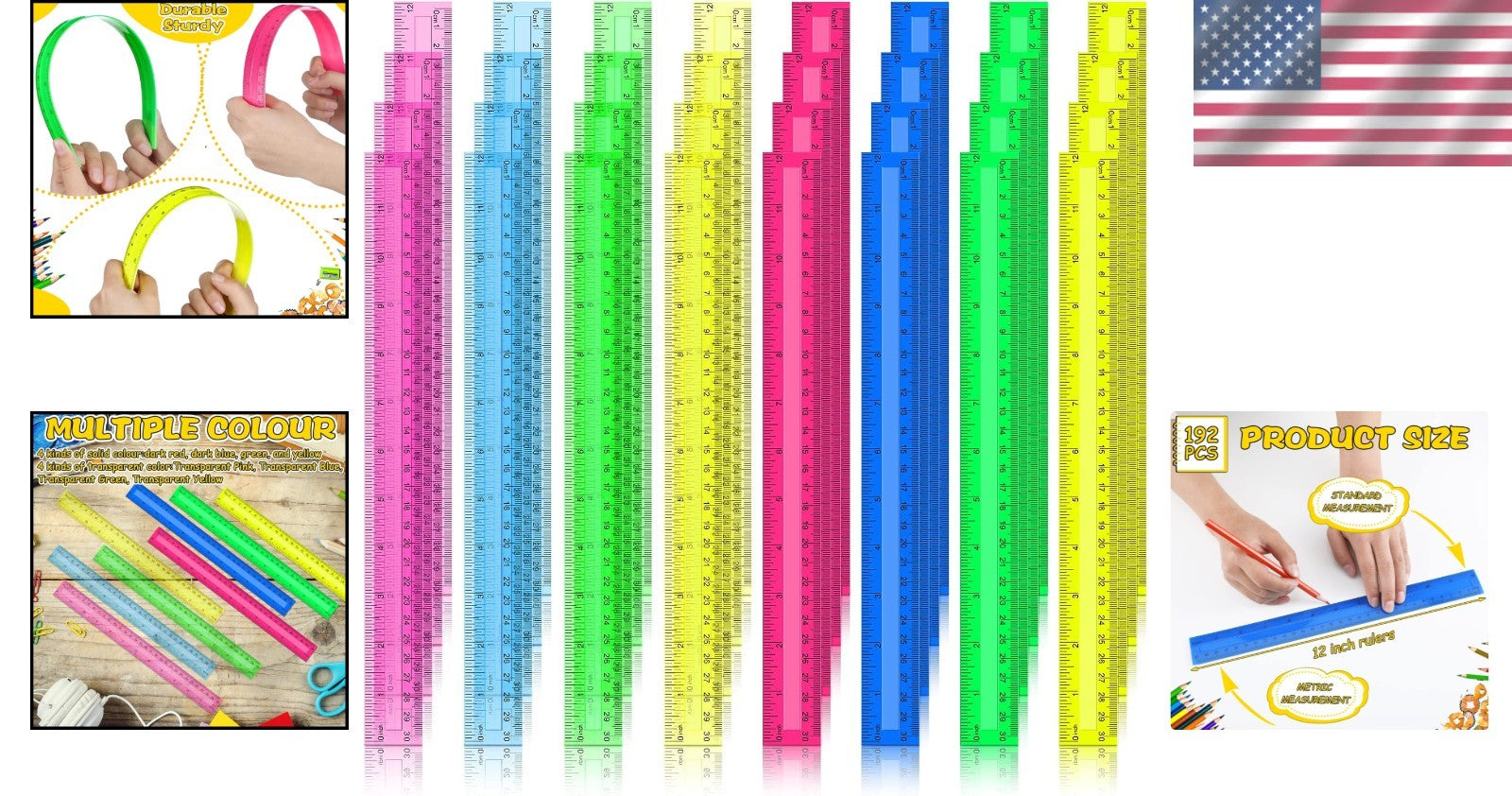 192 Pack Colorful Transparent 12-Inch Rulers for Classroom & Office Supplies