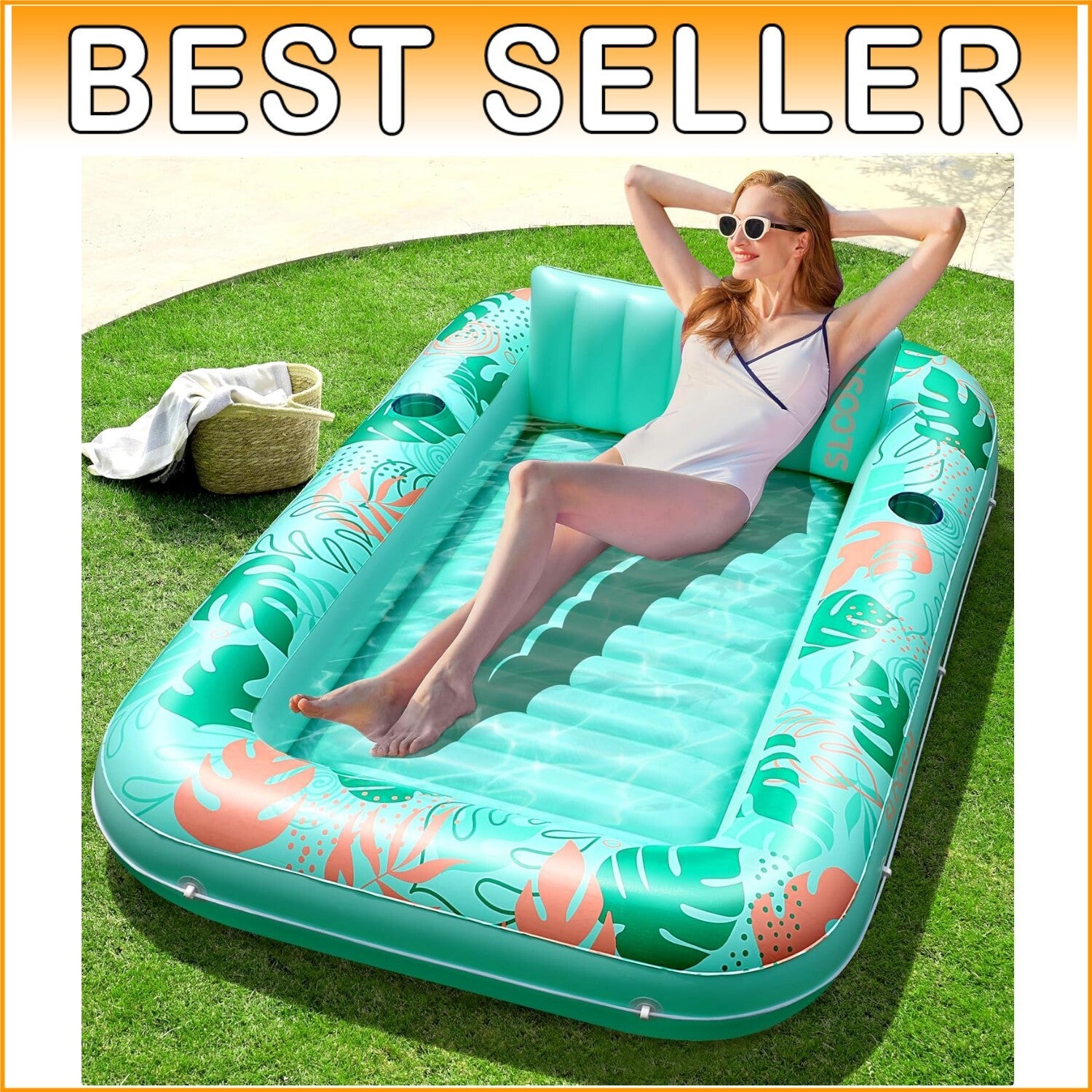 Elegant Aqua Blue Inflatable Tanning Pool Float with 2 Cup Holders - Large Size