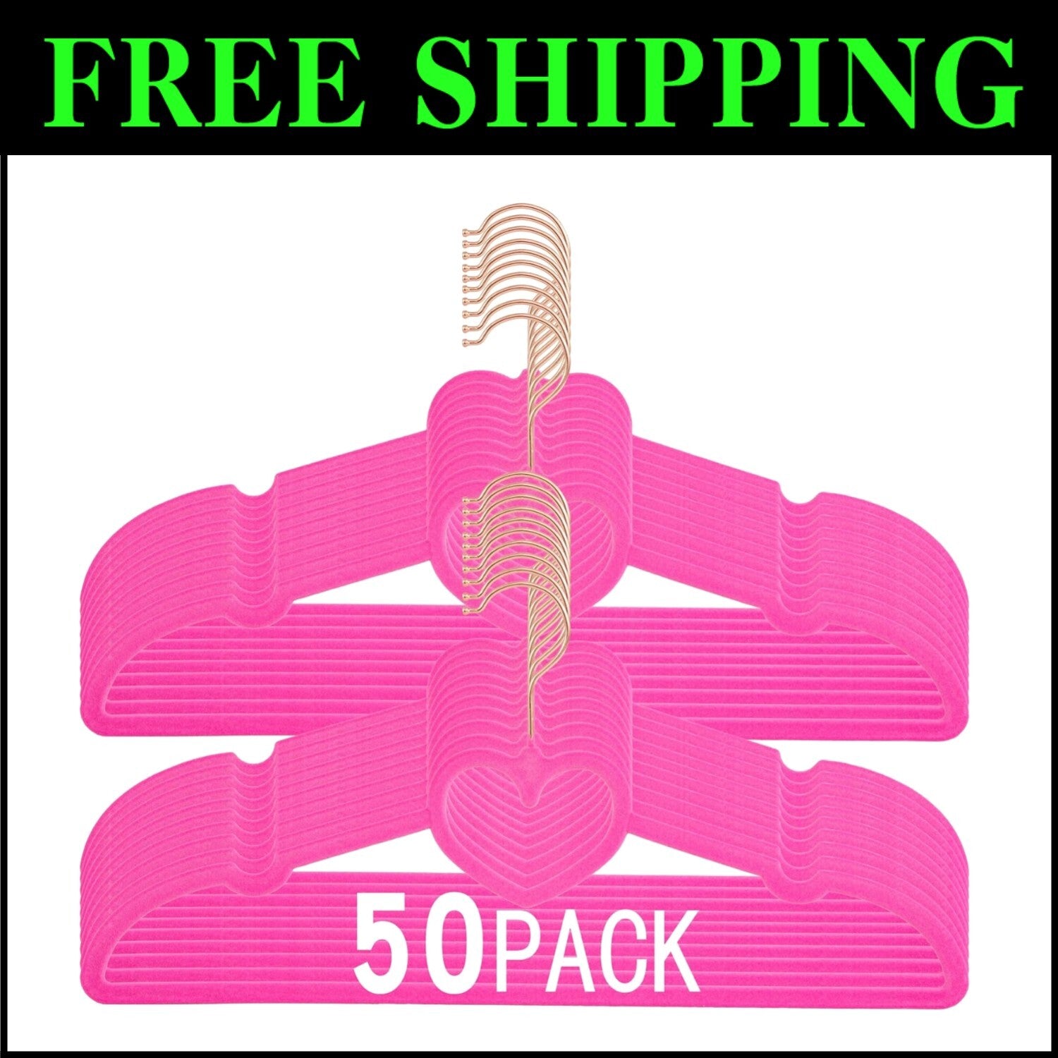 Premium Non-Slip Velvet Hangers 50 Pack - 360 Swivel Rose Gold Hooks, Hot Pink