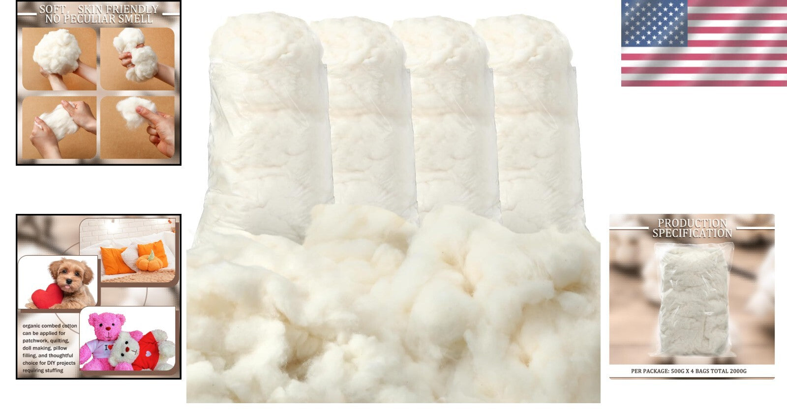 Pure White Cotton Fiber Filling - Ample 4.4 lb Pack for Stuffed Animals & Crafts