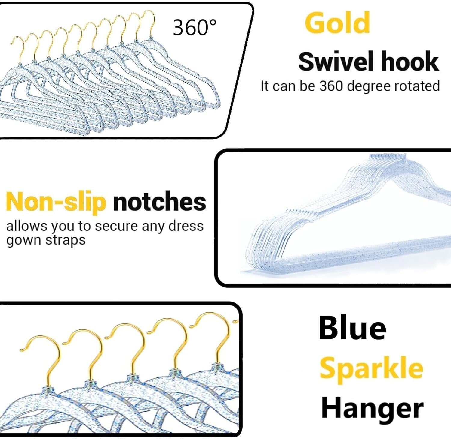 40 Pack Blue Glitter Hangers with Gold Swivel Hooks - Space Saving & Stylish