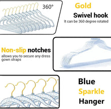 Load image into Gallery viewer, 40 Pack Blue Glitter Hangers with Gold Swivel Hooks - Space Saving &amp; Stylish