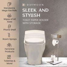 Load image into Gallery viewer, Free-Standing Brushed Nickel Toilet Paper Holder with Shelf - Stylish &amp; Stable