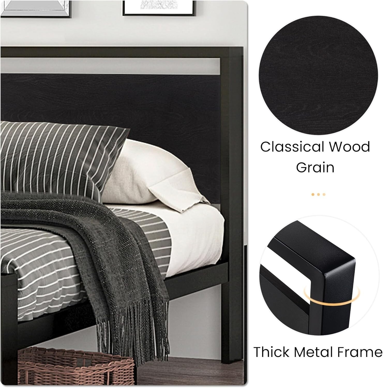 Sturdy 14-Inch Full Metal Platform Bed Frame with Rustic Black Oak Headboard