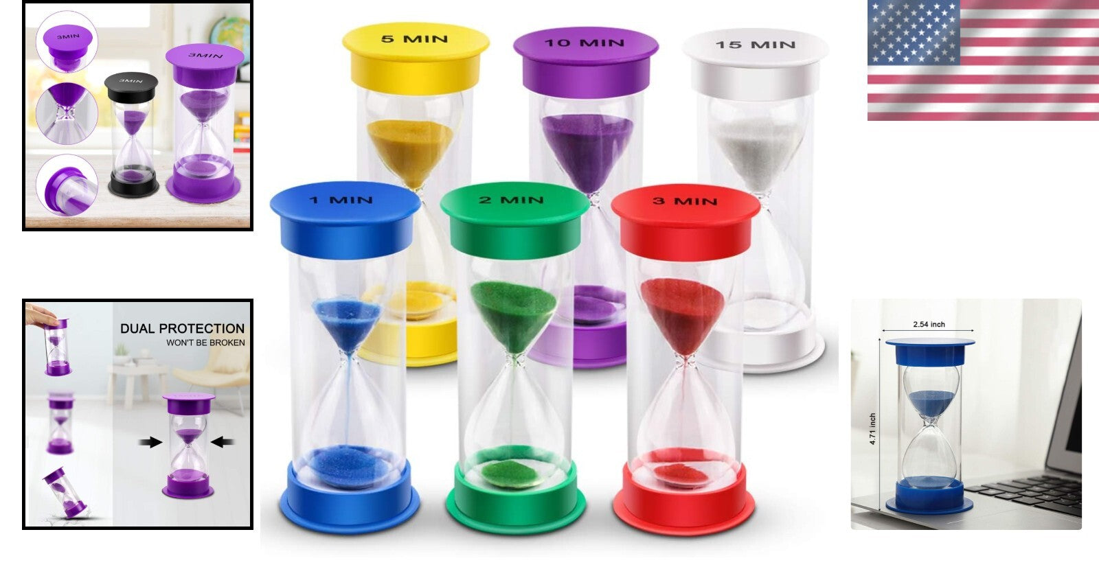 Durable Acrylic Hourglass Timer Set - 6 Colors with Timings from 1 to 15 Minutes