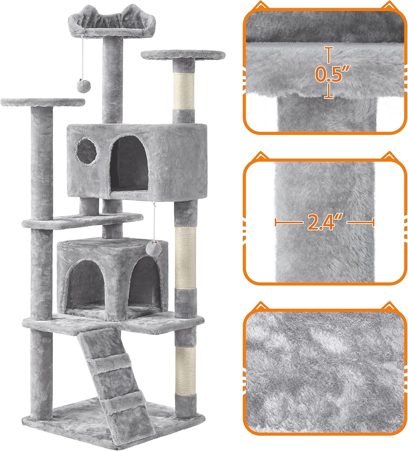 Light Gray Cat Condo with Three Platforms & Scratching Posts - Easy Assembly