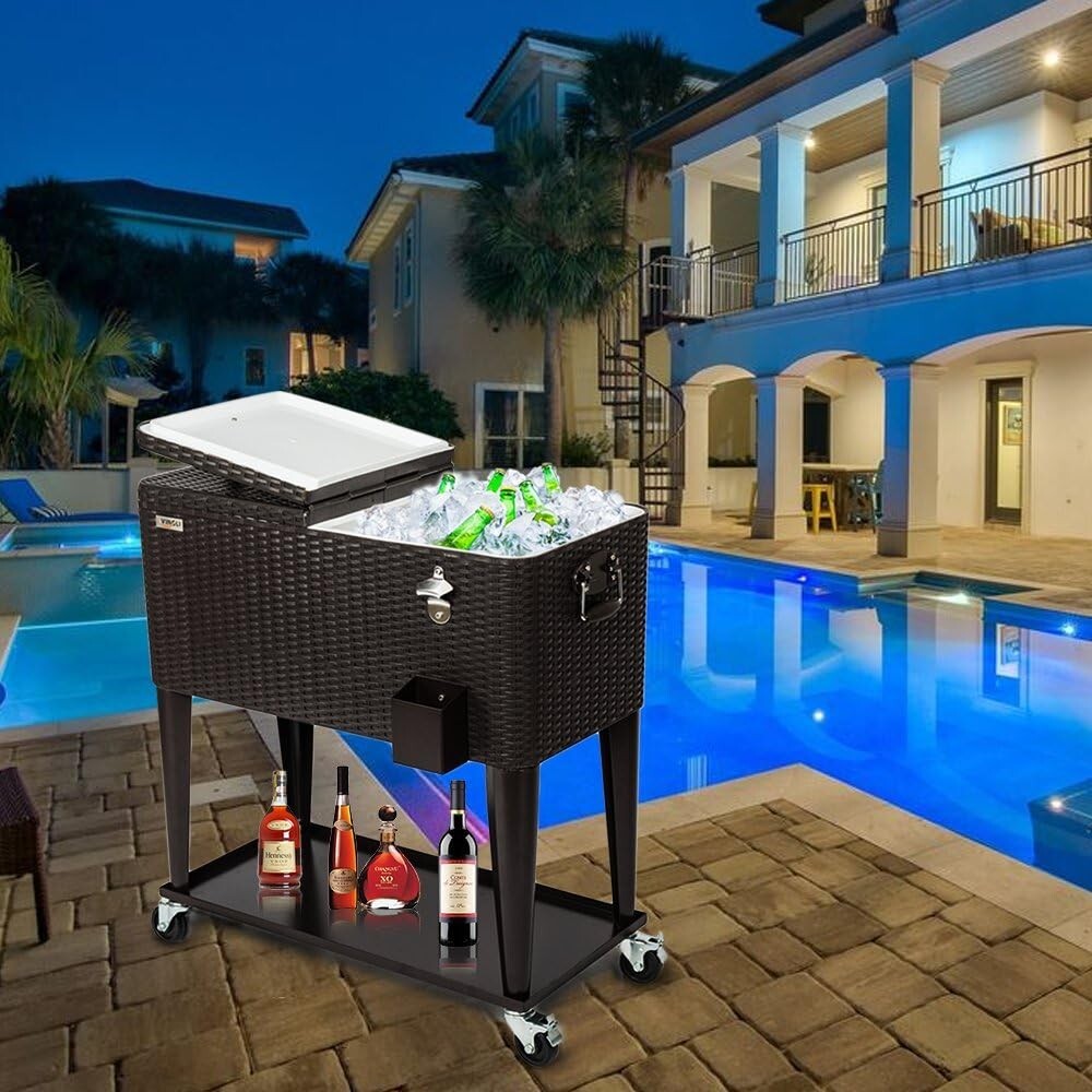 80 Quart Rolling Ice Chest Cooler Cart - Elegant Rattan Design for Patio Parties