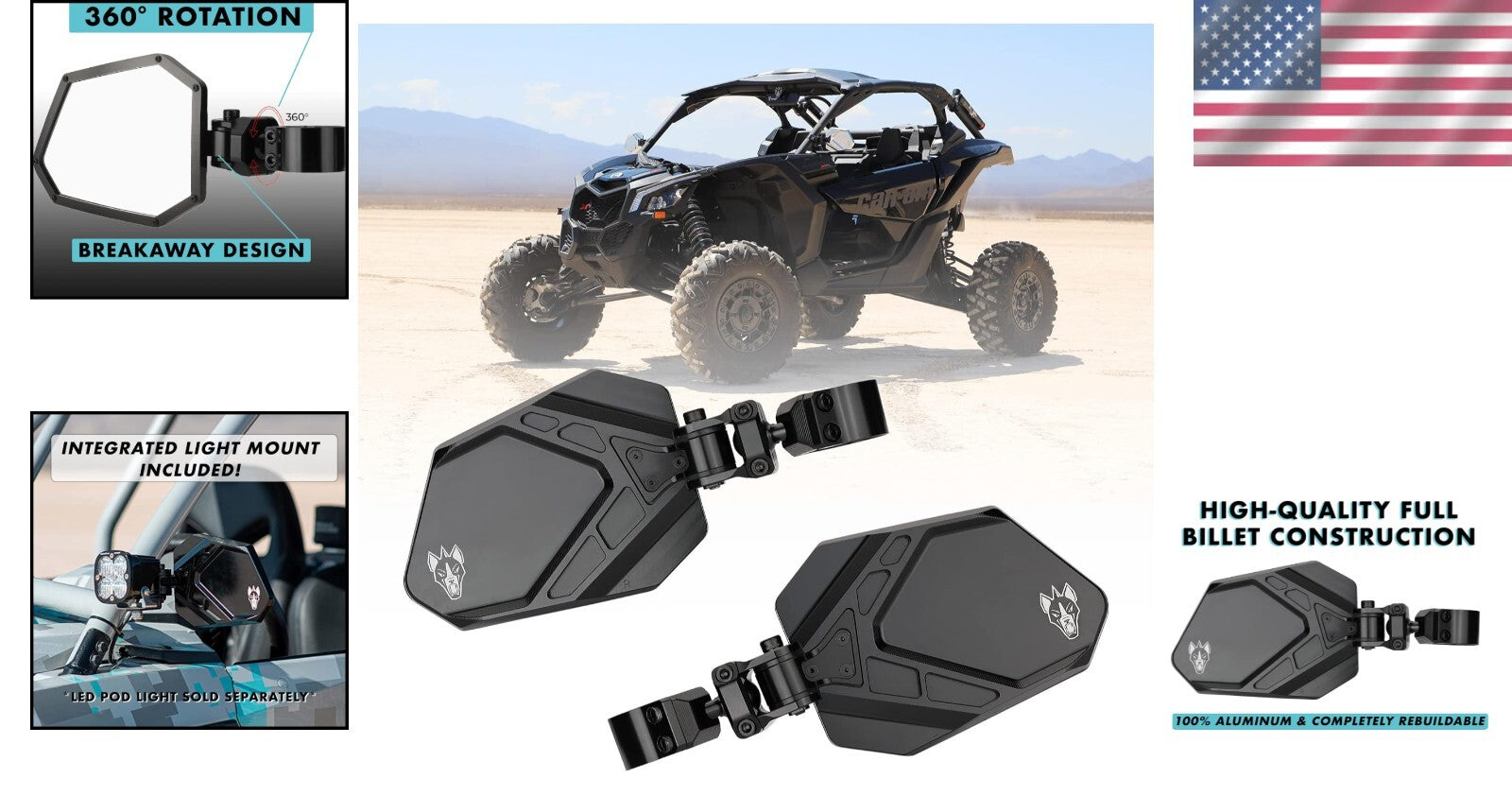 UTV Side Mirror Set with Large Convex Glass for Maximum Off-Road Visibility