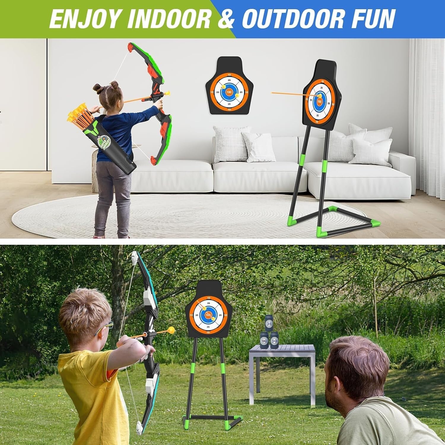 Fun and Safe LED Light Bow and Arrow Set - 2 Packs for Ages 4-8 with Targets