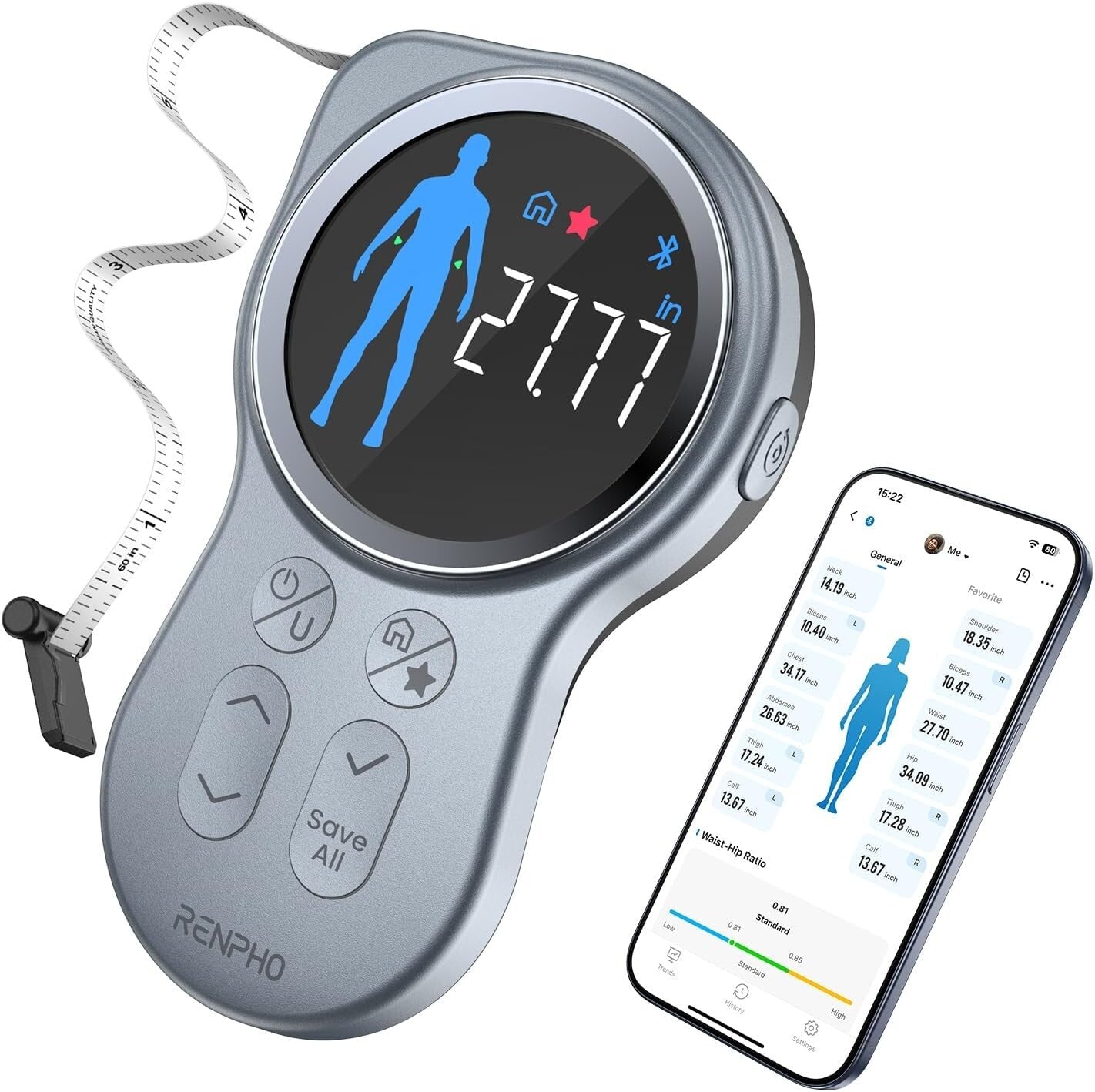 Ergonomic Smart Tape Measure with Large Display & Health App Integration
