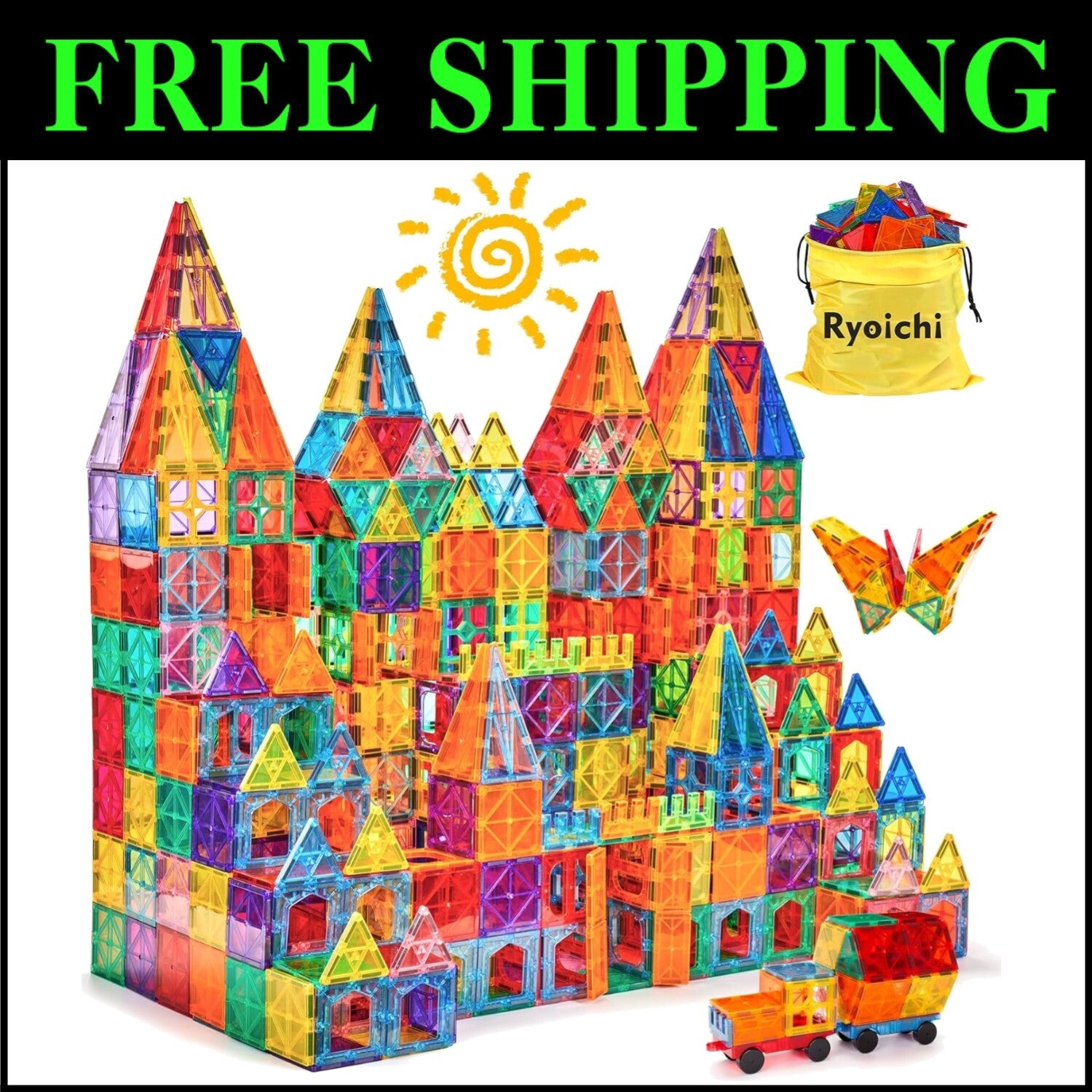 138PCS Magnetic Building Tiles with 2 Cars - STEM Educational Toy for Ages 3-9