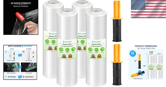 Clear Plastic Stretch Film Roll with Handles - 15" Wide, 1000ft for Safe Moving