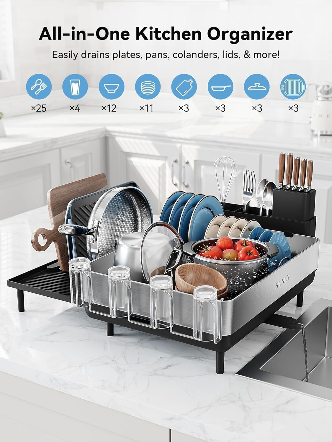 Black Expandable Dish Rack with Flip-Up Holders - 304 Stainless Steel Durability