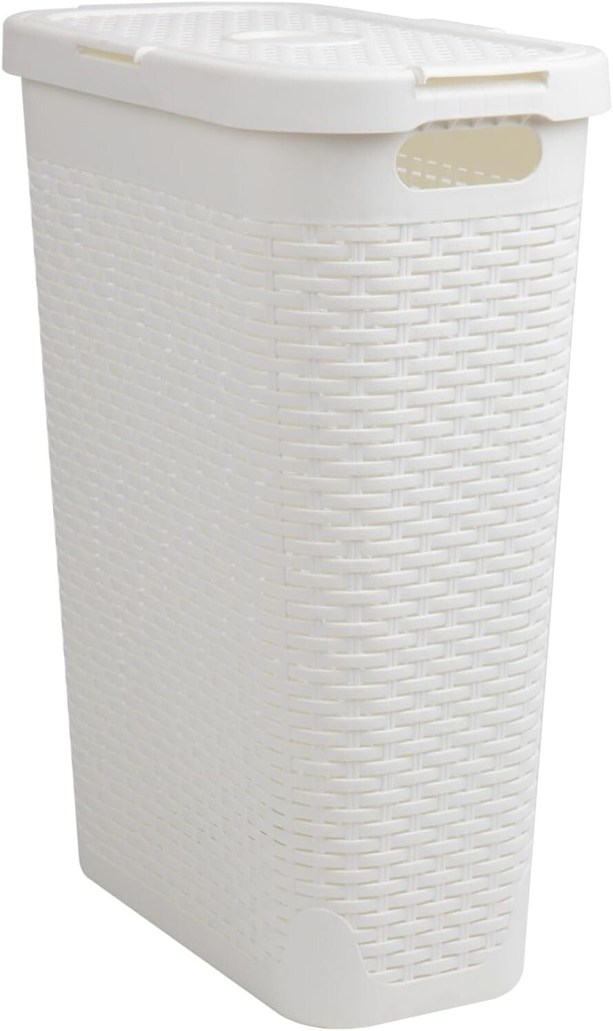 Chic Space-Saving 40L Wicker Laundry Basket with Ventilated Lid - White Plastic