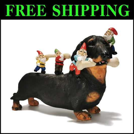 Funny Dachshund Gnome Collecting Bones - 12" Outdoor Statue for Gardens