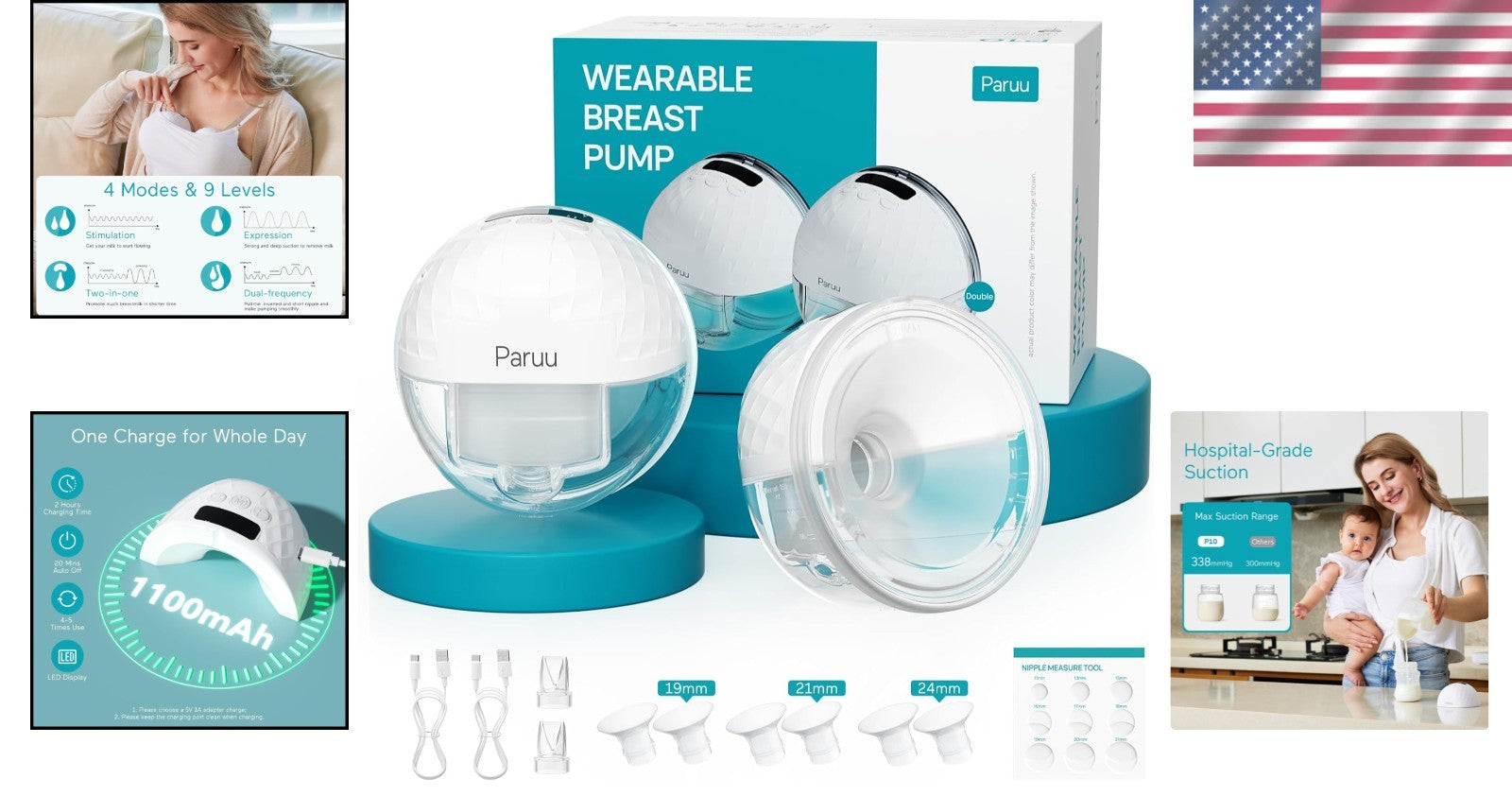BPA-Free Hands-Free Breast Pump - Smart LED, 2 Pack with Multiple Flange Sizes