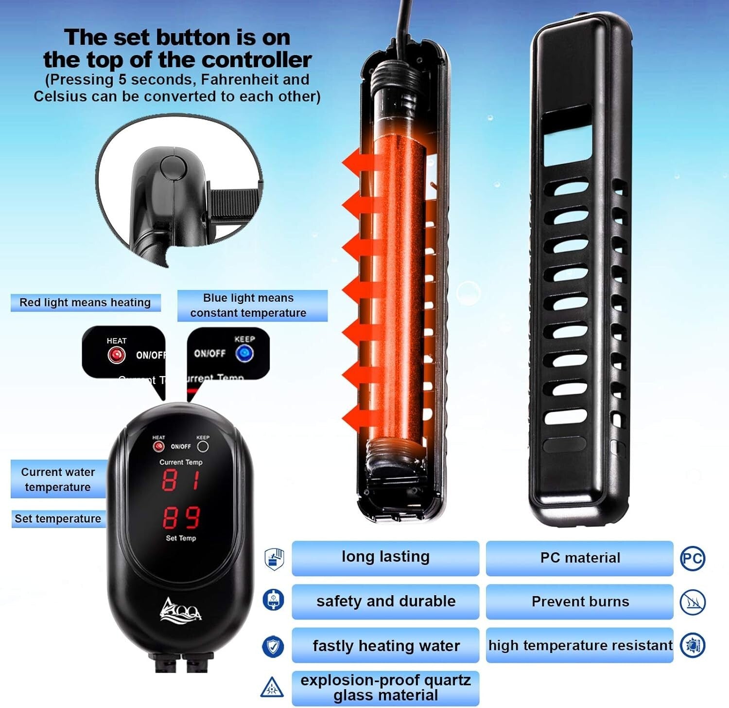 Versatile 200W Fish Tank Heater for Freshwater & Saltwater with Memory Function