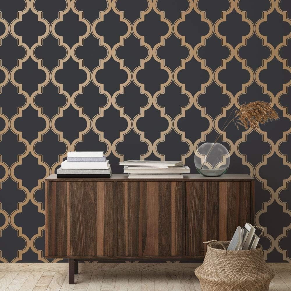 Midnight & Metallic Gold Removable Peel and Stick Trellis Wallpaper, 20.5"x16...