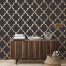 Load image into Gallery viewer, Midnight &amp; Metallic Gold Removable Peel and Stick Trellis Wallpaper, 20.5"x16...