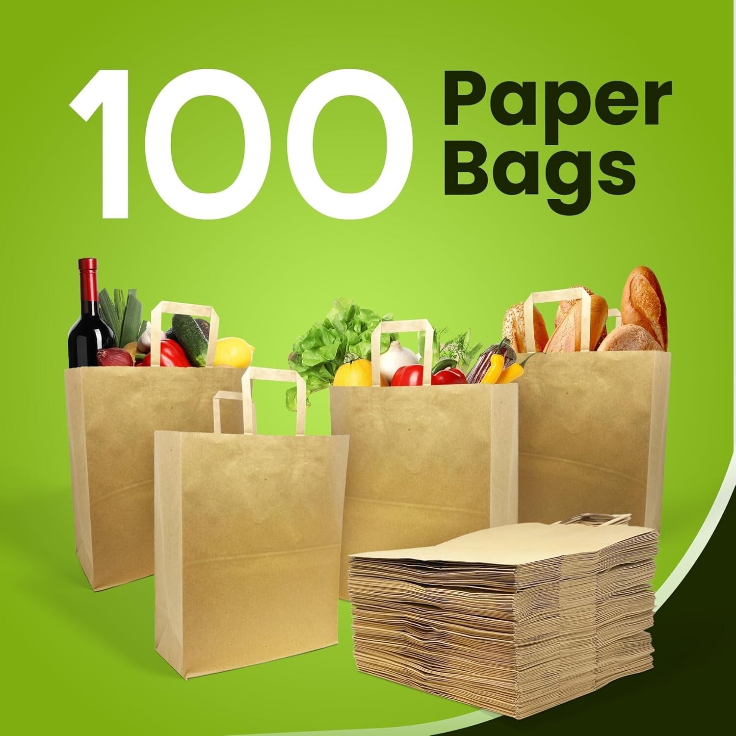 100 Pcs Heavy Duty Paper Grocery Bags w/Handles - 57 Liters for Shopping & Ta...