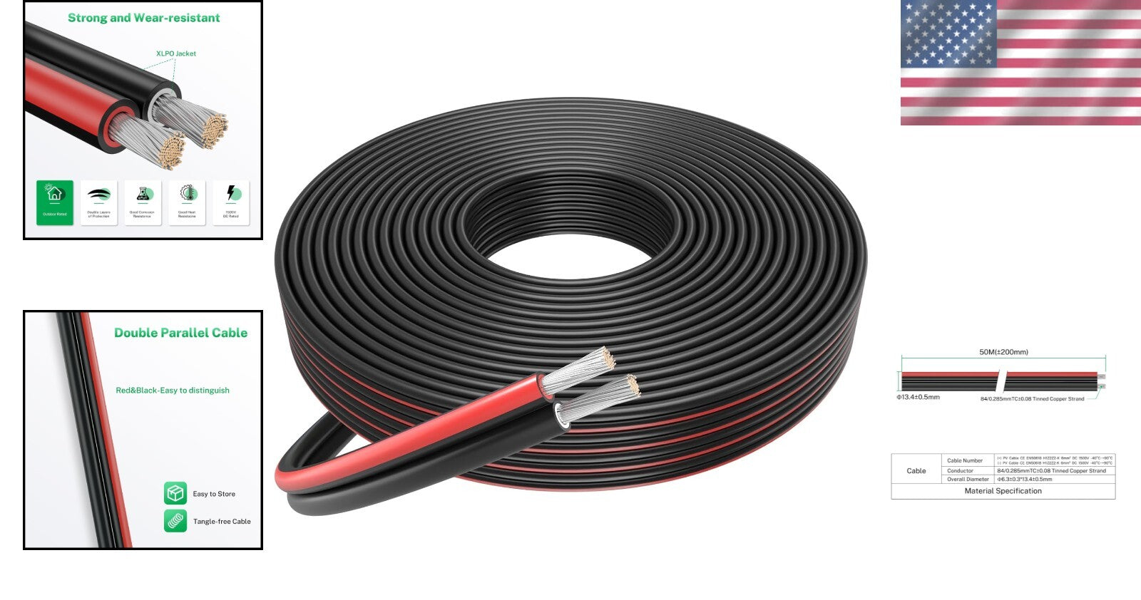Versatile 10 AWG Solar Cable Pair - 164ft Tinned Copper Extension for Panels