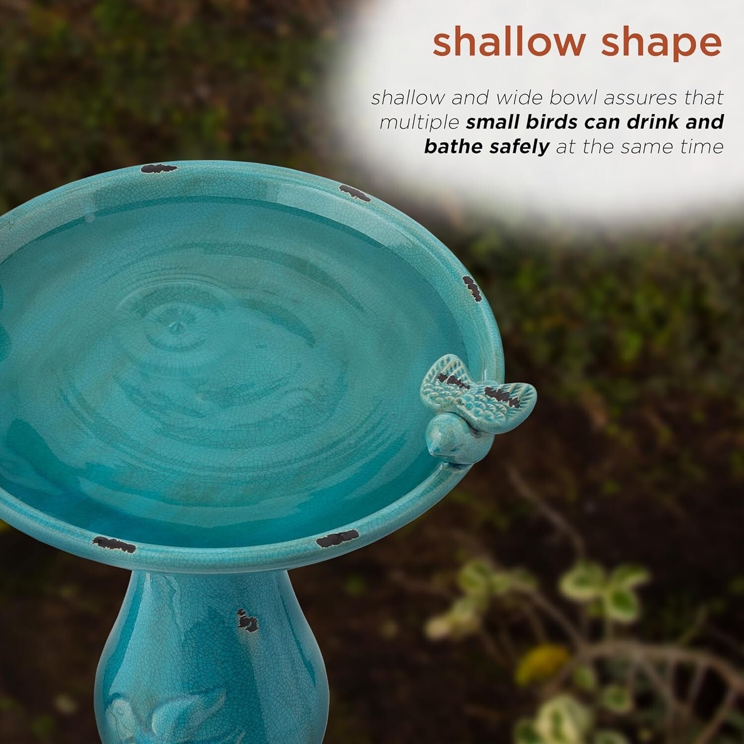 25" Antique Turquoise Ceramic Birdbath with 2 Figurines for Birds & Garden Charm