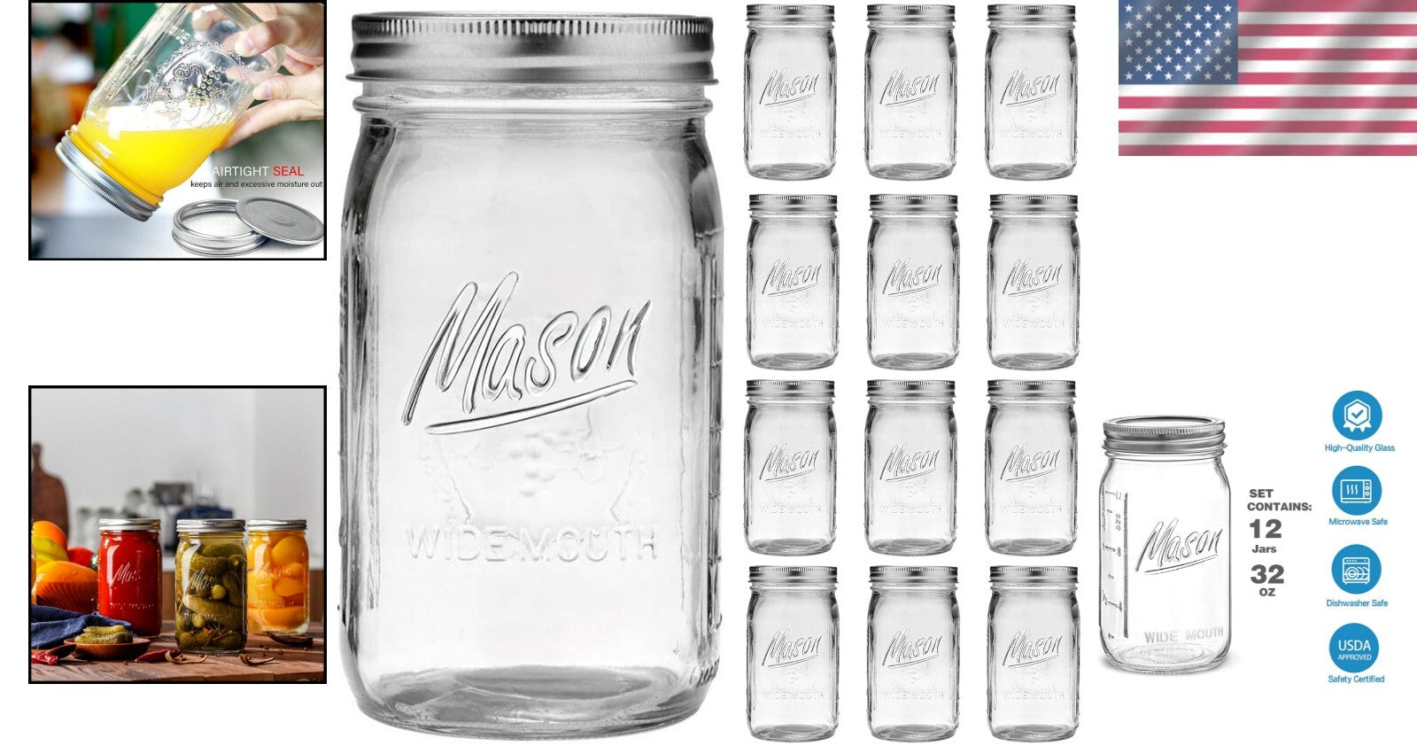 Durable Wide Mouth 32 oz Mason Jars - 12 Pack, Microwave & Dishwasher Safe