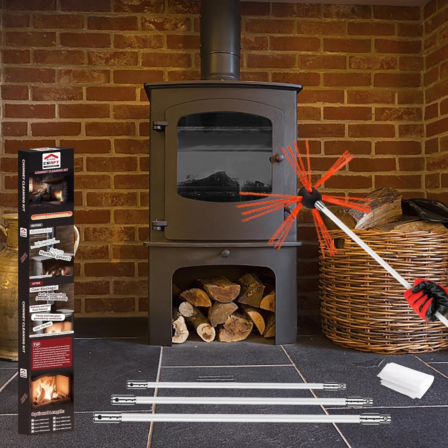 Efficient Chimney Cleaning Kit: 33 Feet of Flexible Nylon Rods & Tools