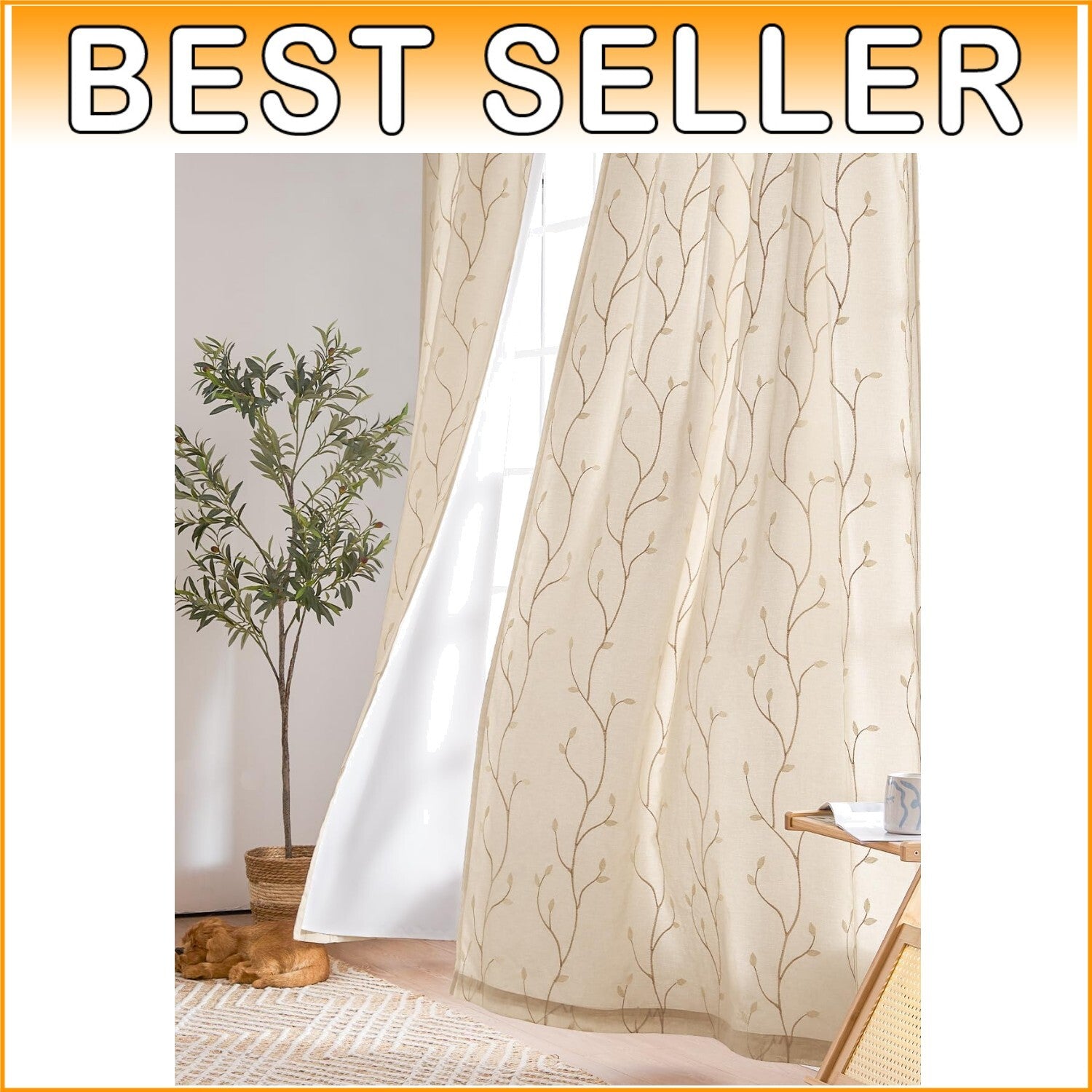 Chic Embroidered Voile Sheer Curtains for Living Room – 84" x 55" Beige Panels