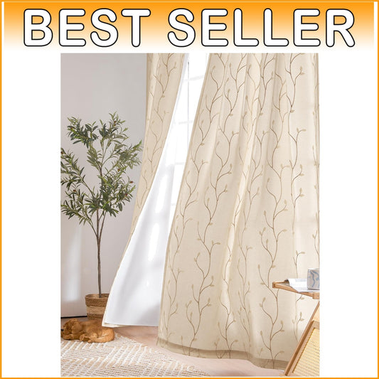 Chic Embroidered Voile Sheer Curtains for Living Room – 84" x 55" Beige Panels