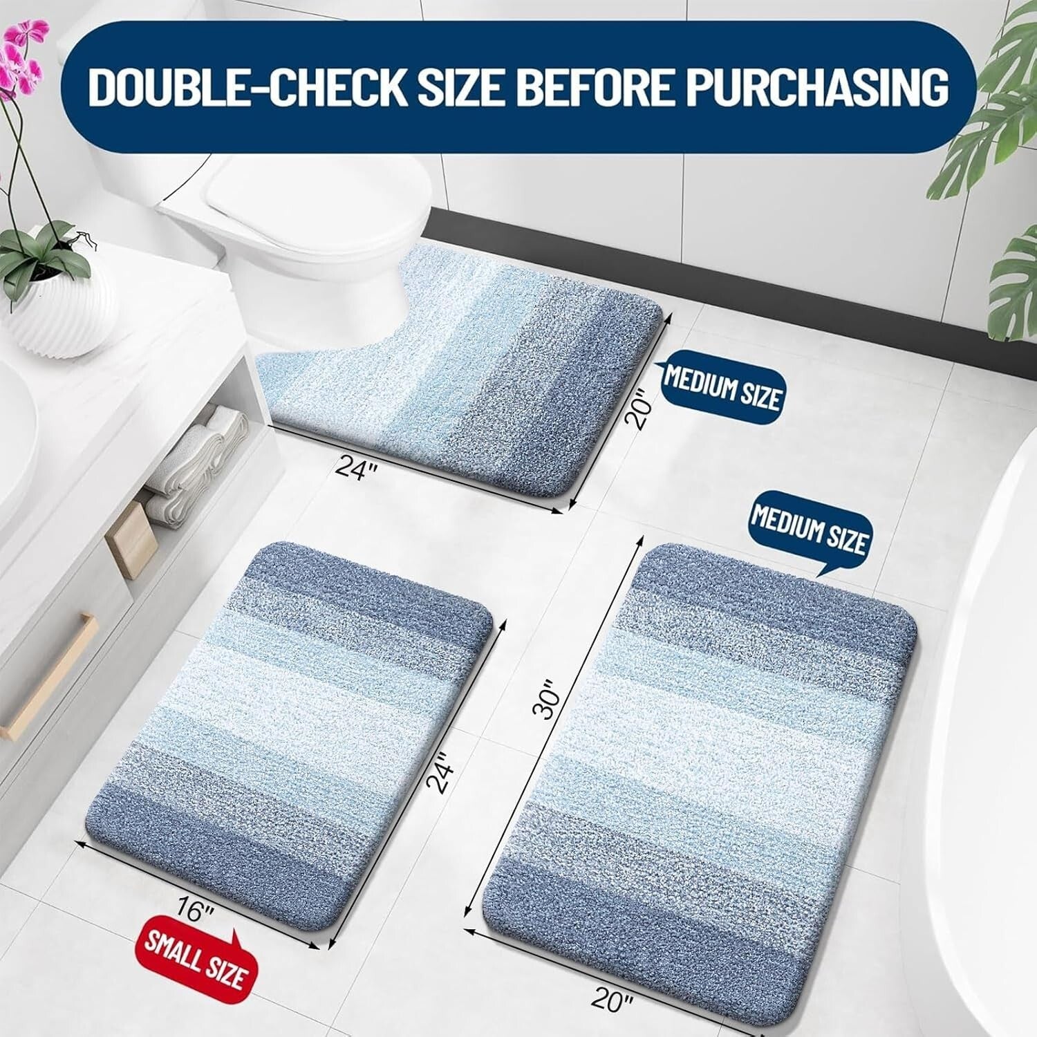 Fluffy High Pile Blue Bathroom Rug Set, Quick Dry & Machine Washable - 3 Pieces