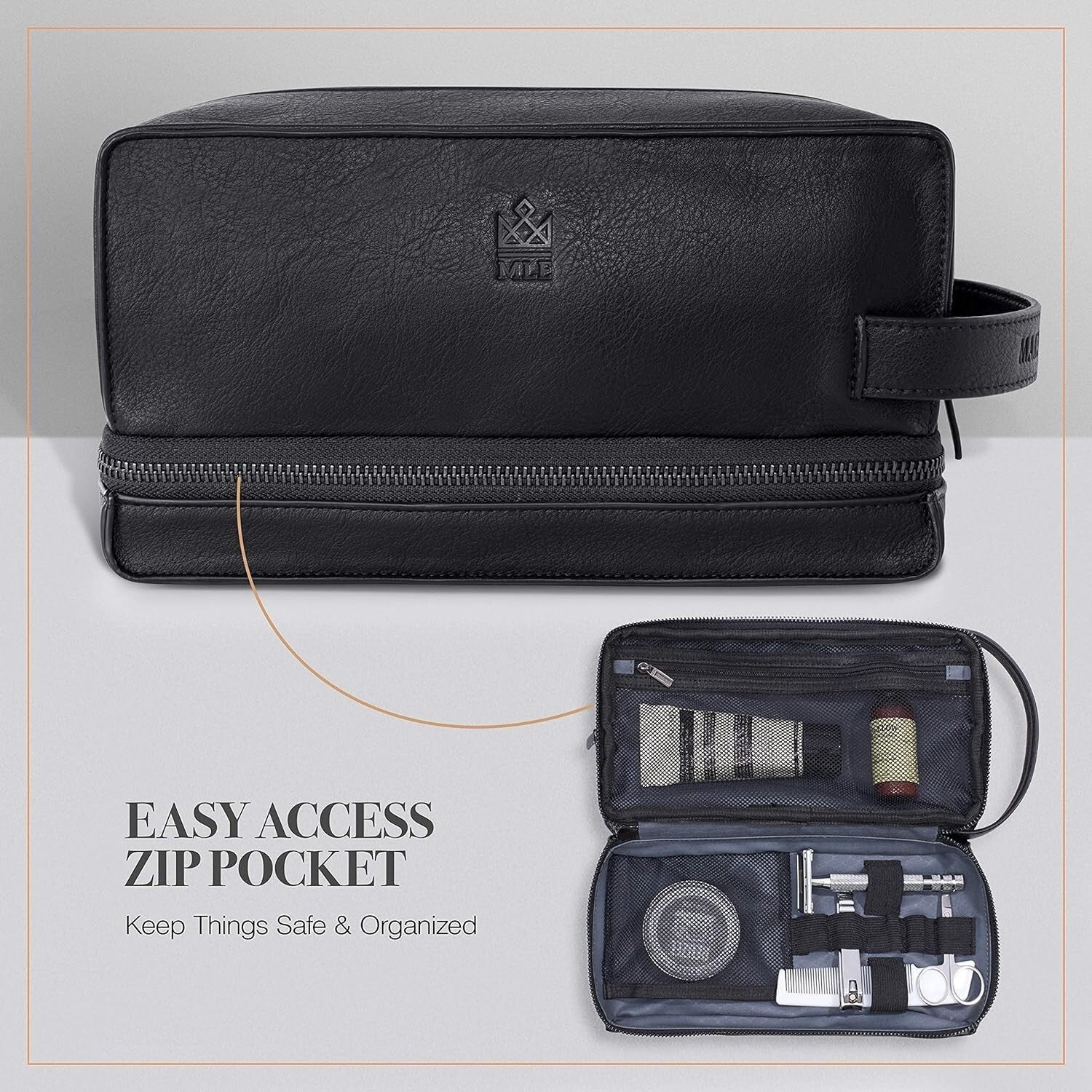 Premium Black Leather Toiletry Bag for Men - Stylish Travel Companion