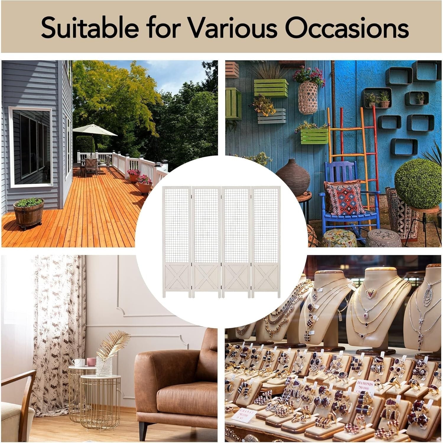 Multi-Use White Wood Room Divider & Display Board - 4 Panel Freestanding Design