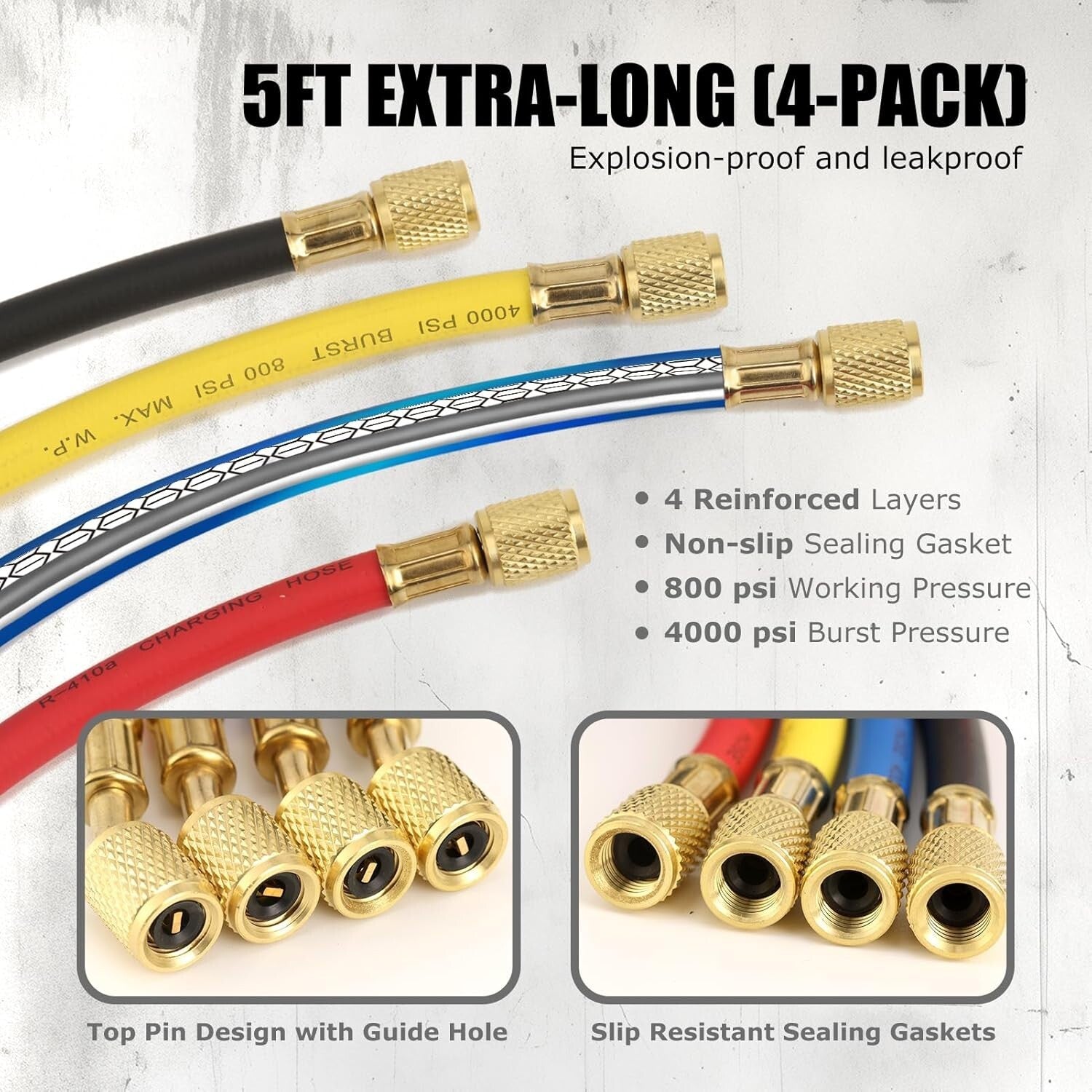Multi-Refrigerant A/C Gauge Set with Brass Valves, 5FT Hose & 3 Tank Adapters