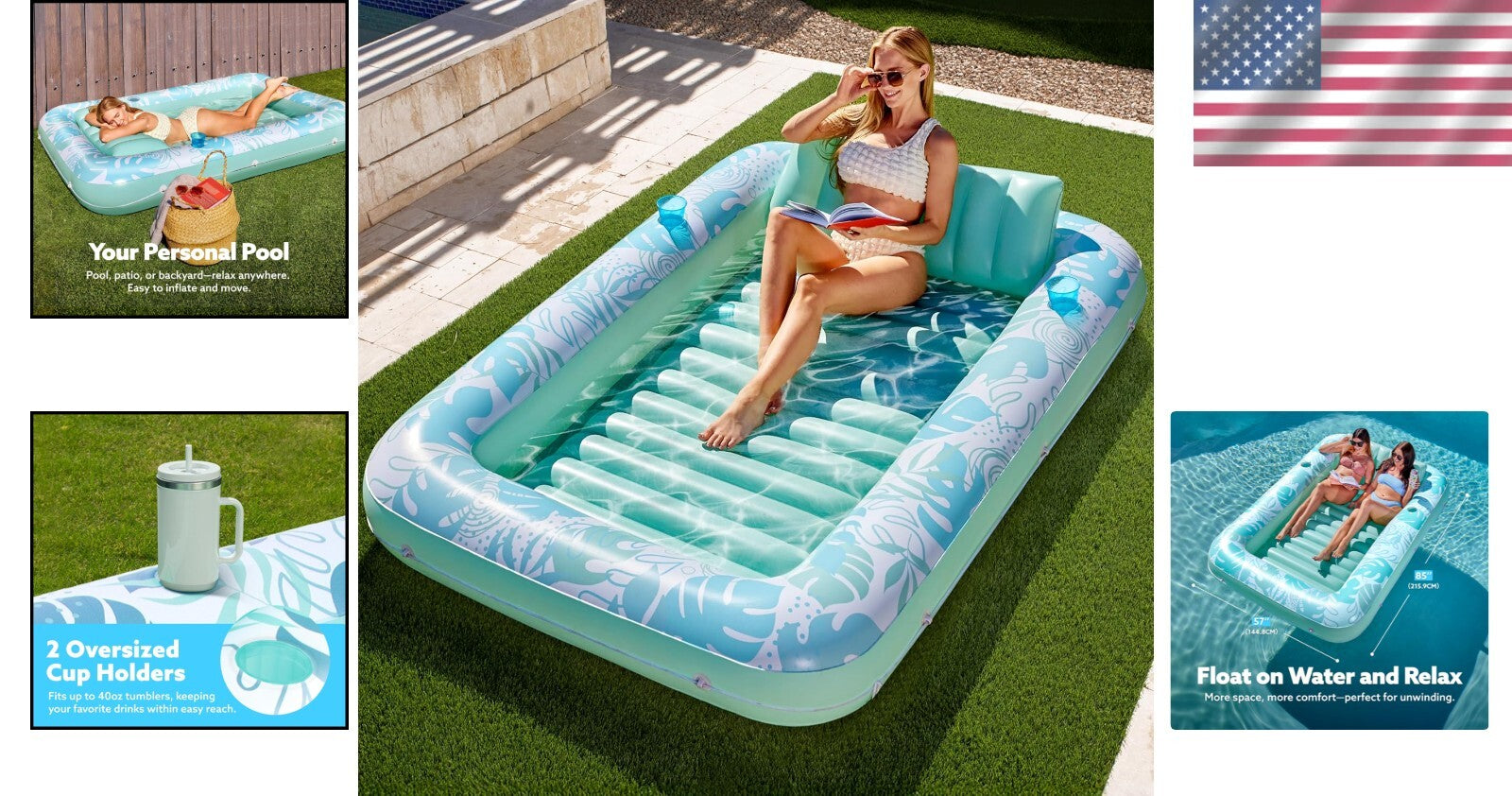 Cyan White Inflatable Pool Raft Float with Drink Holders - Perfect Summer Gift