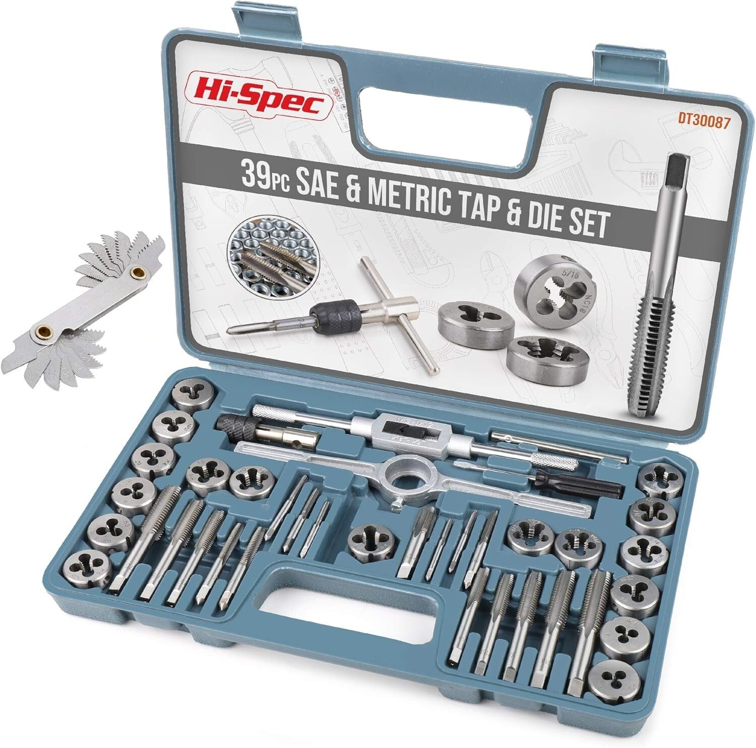 Complete 39-Piece SAE & Metric Tap and Die Tool Set with Screw Pitch Gauge