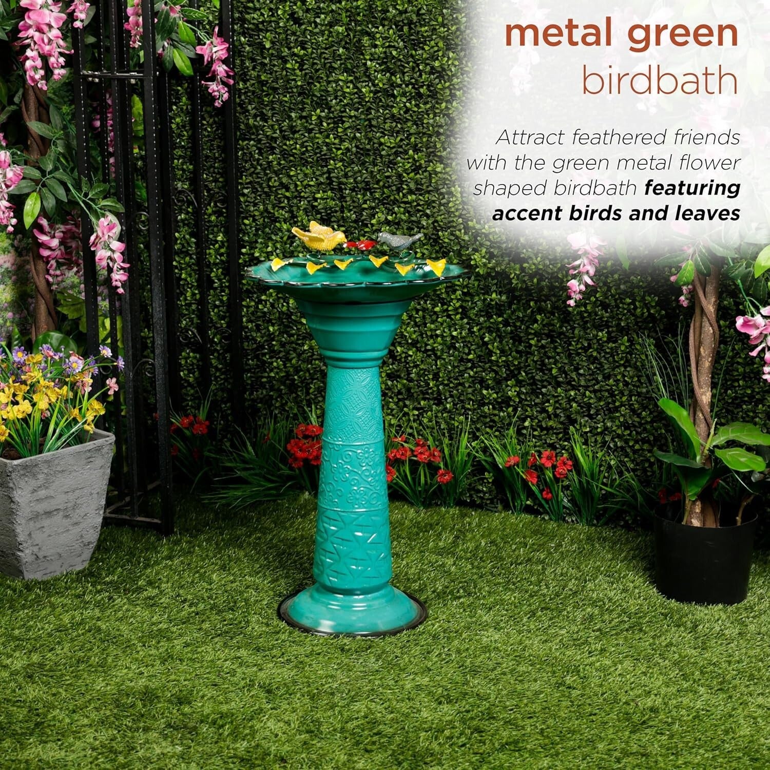 28" Elegant Green Birdbath - Weather-Resistant Metal Stand for Outdoor Charm