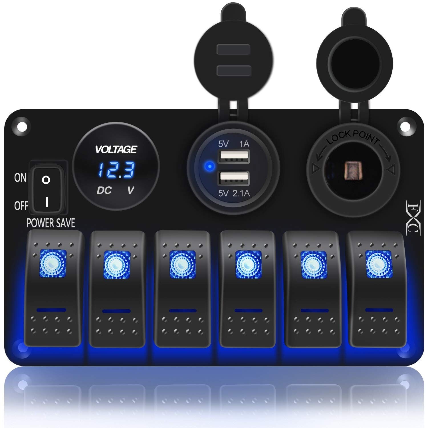 Versatile Marine Rocker Switch Panel - 6 Gang with USB, Voltmeter & Power Saving