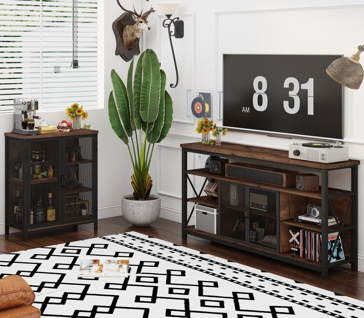 Farmhouse Style Alcohol Cabinet with Lockable Doors & Adjustable Storage Shelves