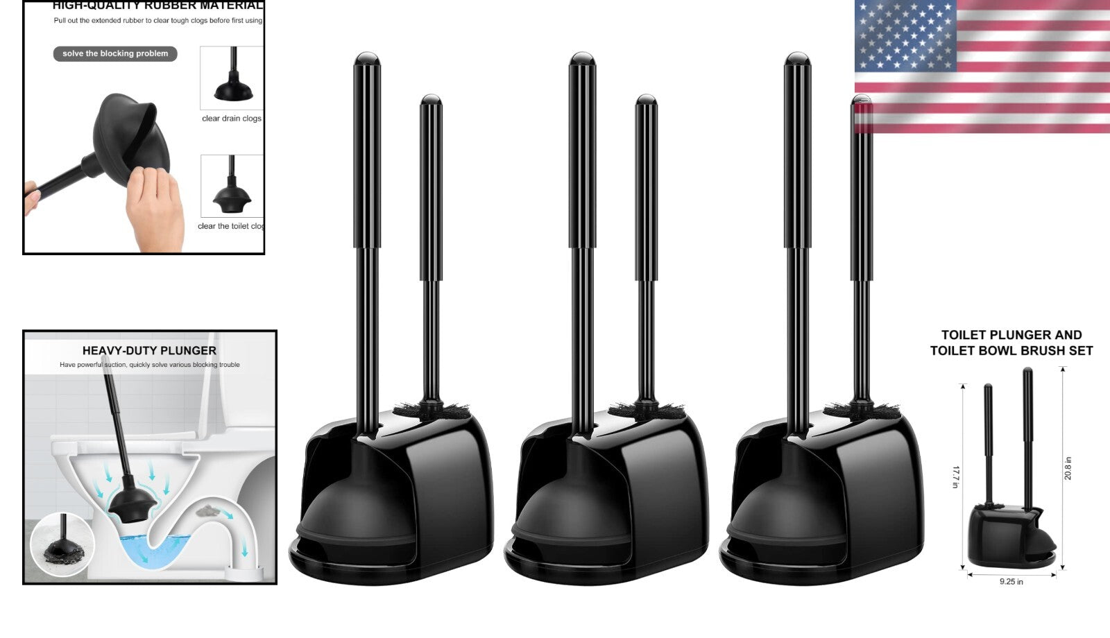 Durable Toilet Cleaning Set with Long Handle Brush and Suction Plunger - Black