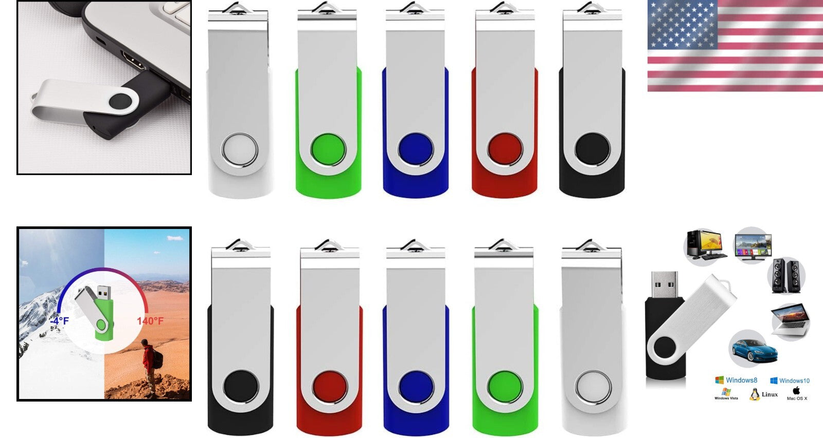 10-Pack USB 3.0 Flash Drive 64GB with LED Indicator - Vibrant Color Collection
