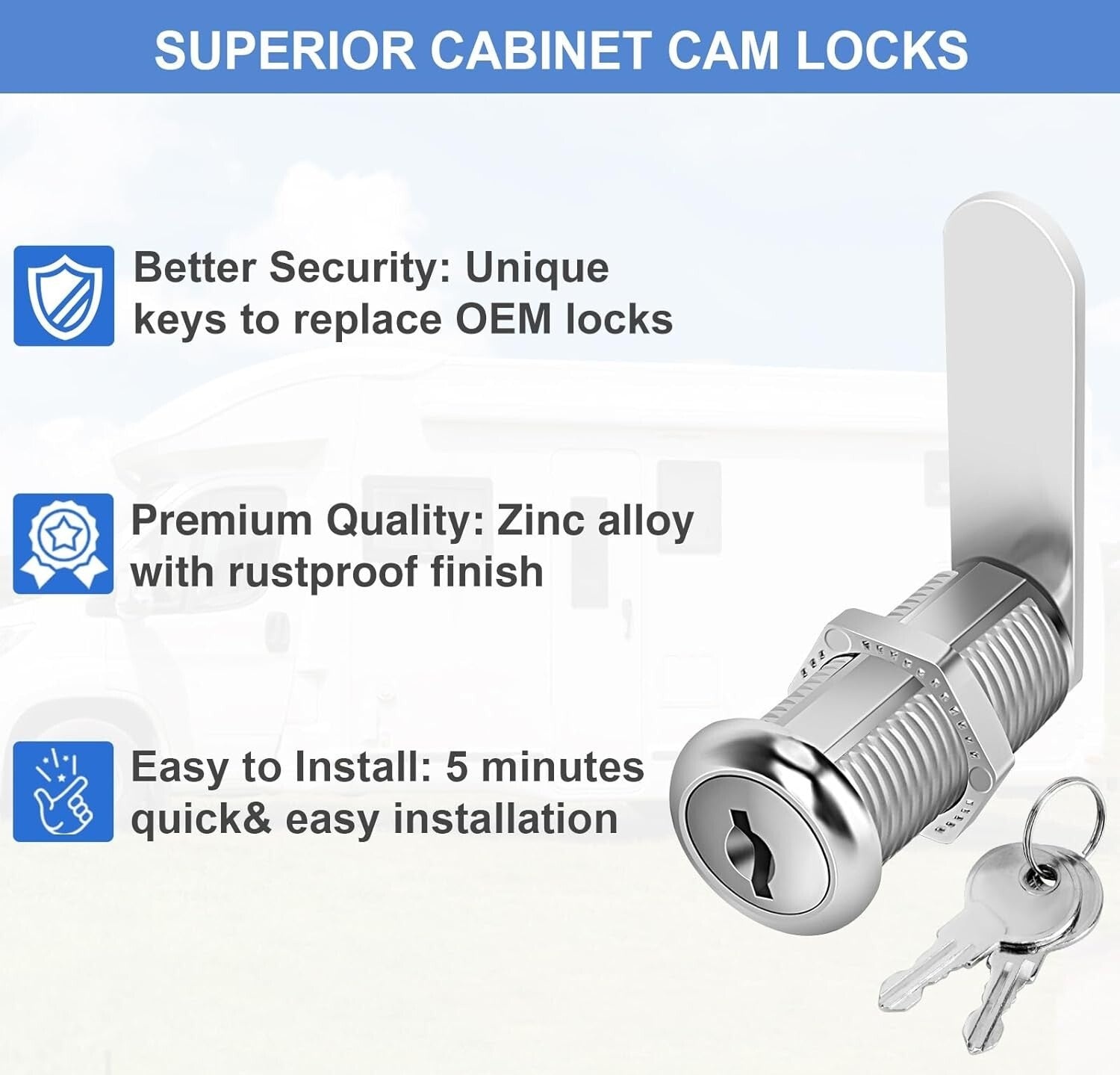 20-Piece Zinc Alloy Cam Locks with Keys, Waterproof for RV Storage & Toolboxes